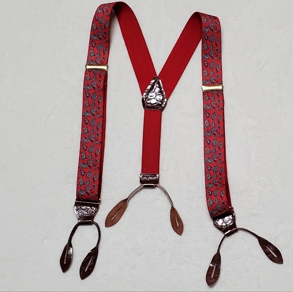 Bill Blass Vintage Stretchy Red Blue Paisley Gold Leather Button Tab Suspenders - Picture 4 of 13